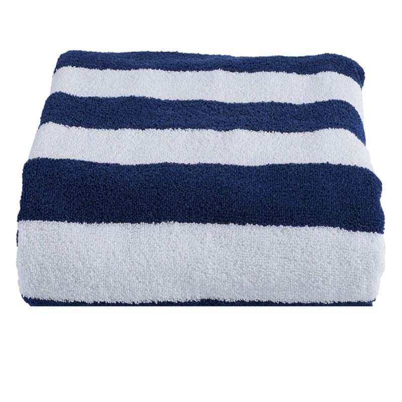 A white and blue striped pool towel.