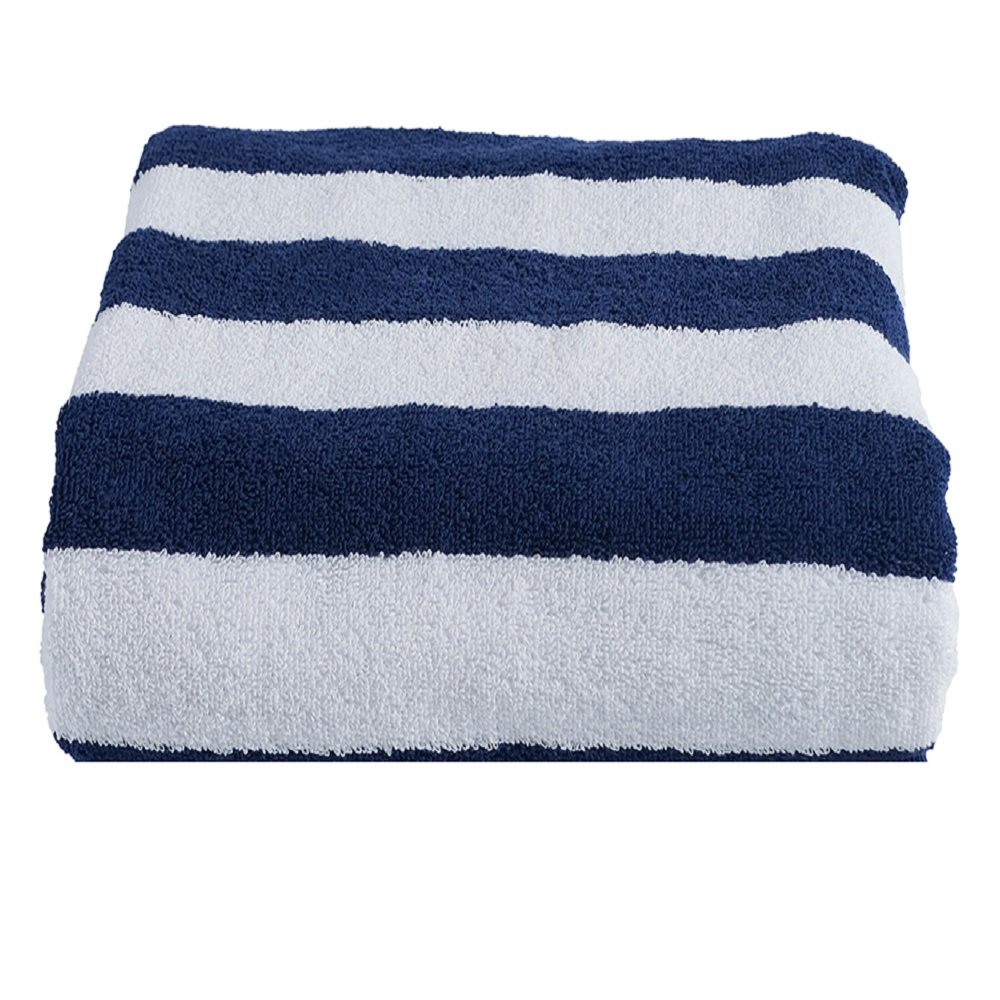 A white and blue striped pool towel.